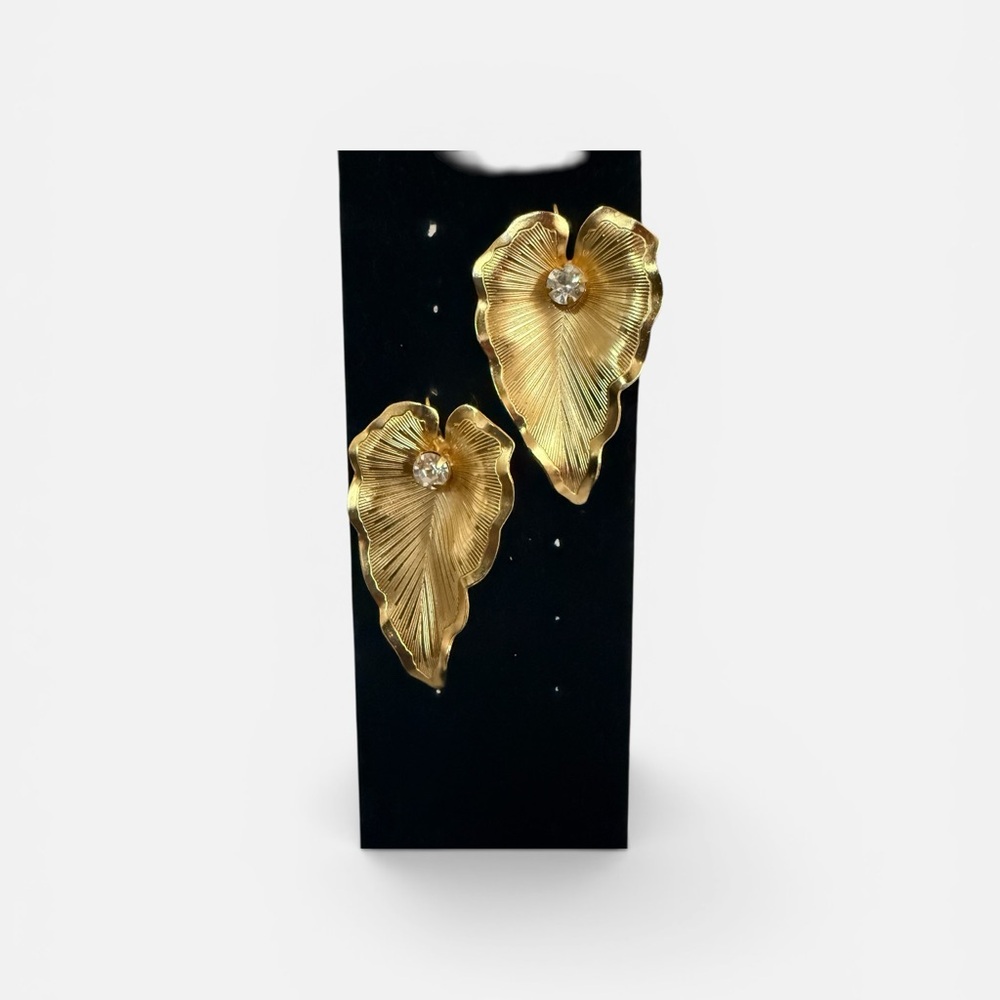 Gold tone Leaf Earrings with Crystal Accent